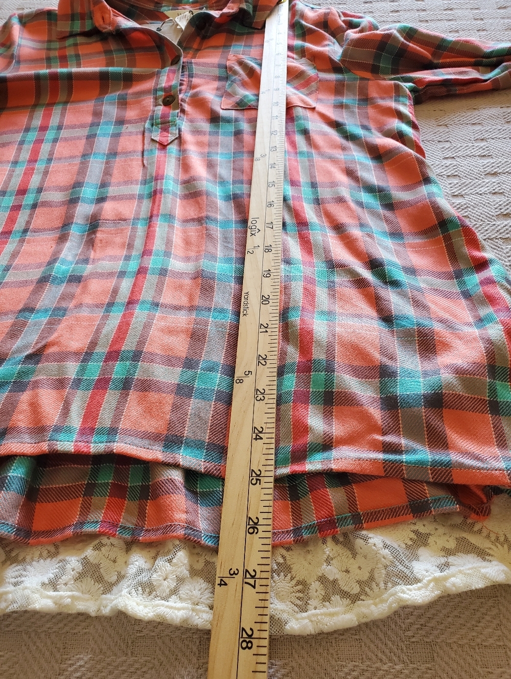NWT Matilda Jane Noble Plaid Flannel Lace Tunic Top Coral Aqua Boho Blouse - Picture 10 of 16